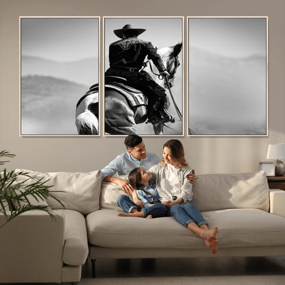 83102464-MGV-FC-60X30-3P_Natural-Western Cowboy Wall Art Canvas Print, Framed Monochrome Horse Art Picture Print, Western Equestrian Perfect Rustic Western Decor