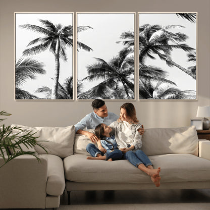 46641801-MGV-FC-60X30-3P_Natural-Palm Tree Wall Art Canvas Print, Framed Black White Tropics Art Picture Print, Monochrome Palms Perfect Modern Tropical Minimalist
