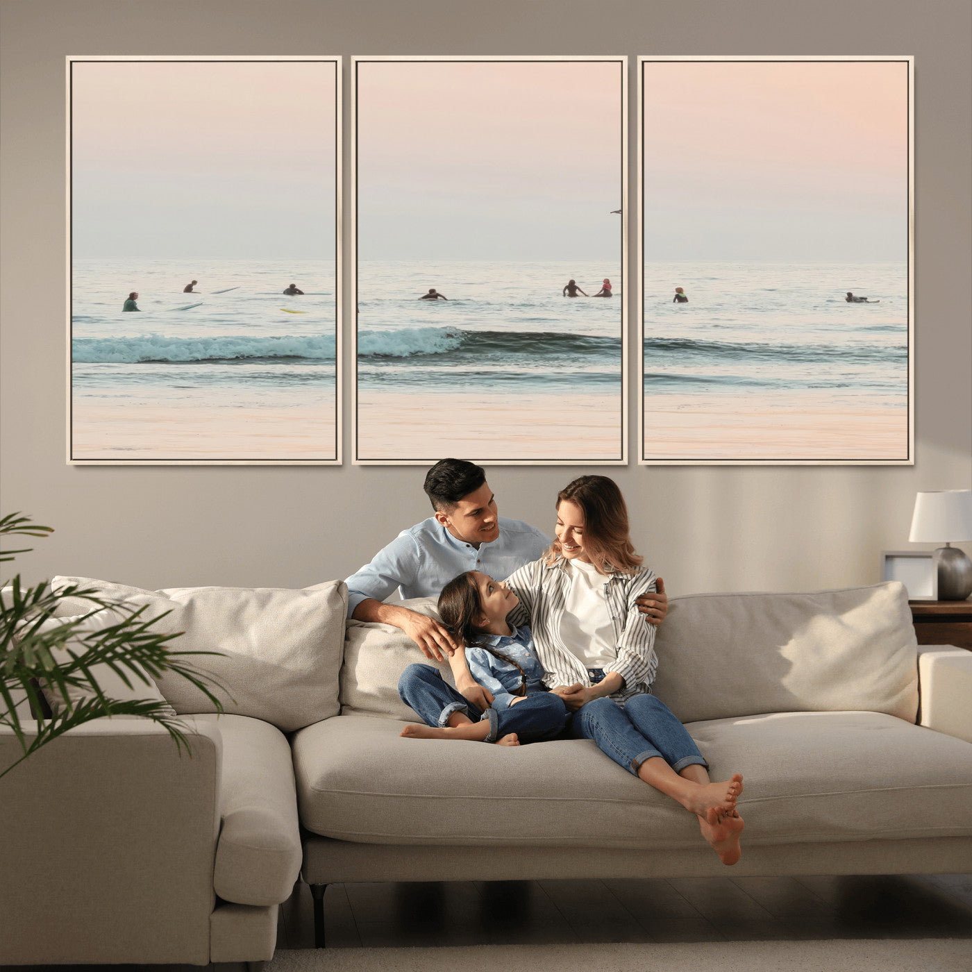 98888919-MGV-CV-36X24-Pastel Ocean Wall Art Canvas Print, Framed Soft Sunset Swimming Art Picture Print, Calm Sea Horizon Perfect Soft Coastal