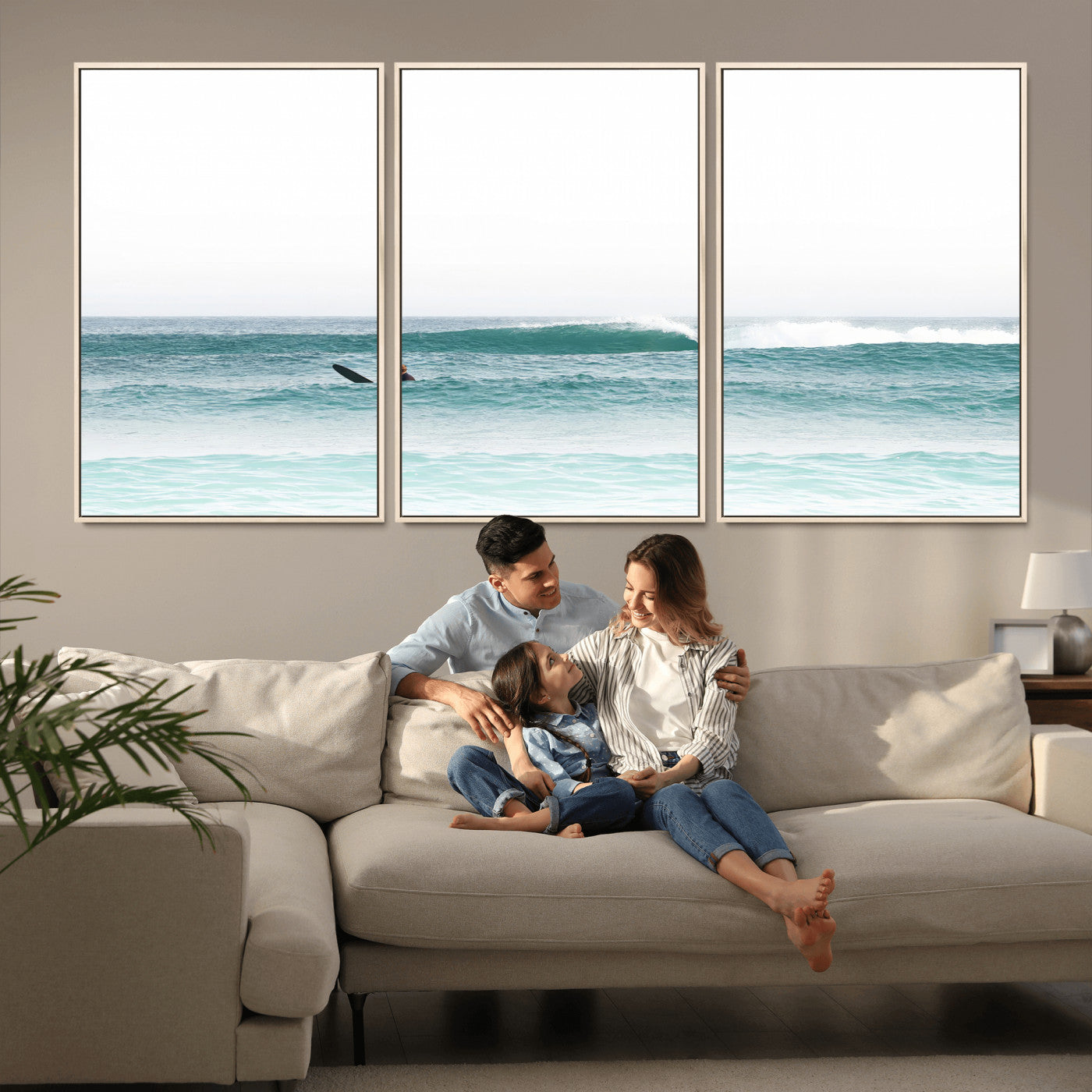 56345117-MGV-FC-60X30-3P_Natural-Minimalist Surfing Wall Art Canvas Print, Framed Ocean Waves Art Picture Print, Soft Ocean Perfect Minimalist Coastal Decor