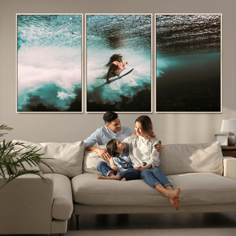 85923512-MGV-FC-60X30-3P_Natural-Aquatic Motion Wall Art Canvas Print, Framed Underwater Swimming Art Picture Print, Female Surfer Diving Perfect Coastal Boho