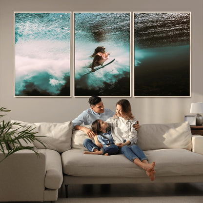 85923512-MGV-FC-60X30-3P_Natural-Aquatic Motion Wall Art Canvas Print, Framed Underwater Swimming Art Picture Print, Female Surfer Diving Perfect Coastal Boho