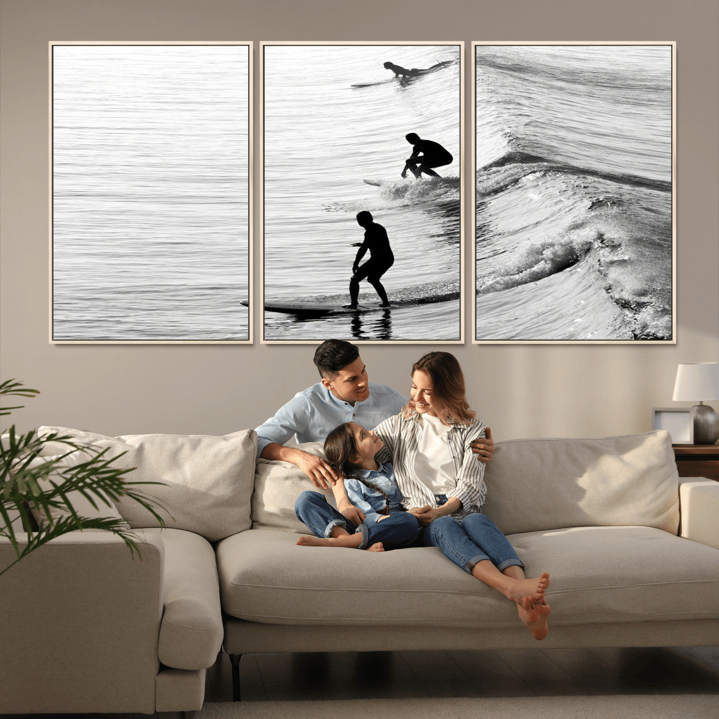 19875284-MGV-FC-60X30-3P_Natural-Surfer Waves Wall Art Canvas Print, Framed Black White Surf Art Picture Print, Monochrome Ocean Perfect Modern Coastal Decor