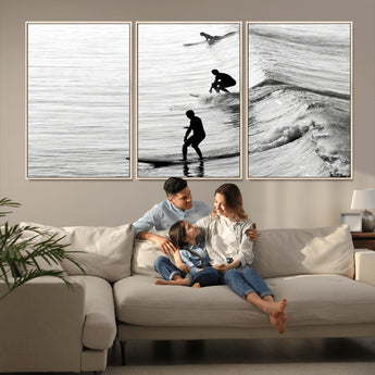 19875284-MGV-FC-60X30-3P_Natural-Surfer Waves Wall Art Canvas Print, Framed Black White Surf Art Picture Print, Monochrome Ocean Perfect Modern Coastal Decor
