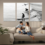 19875284-MGV-CV-36X24-Surfer Waves Wall Art Canvas Print, Framed Black White Surf Art Picture Print, Monochrome Ocean Perfect Modern Coastal Decor