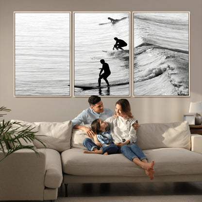 19875284-MGV-CV-36X24-Surfer Waves Wall Art Canvas Print, Framed Black White Surf Art Picture Print, Monochrome Ocean Perfect Modern Coastal Decor