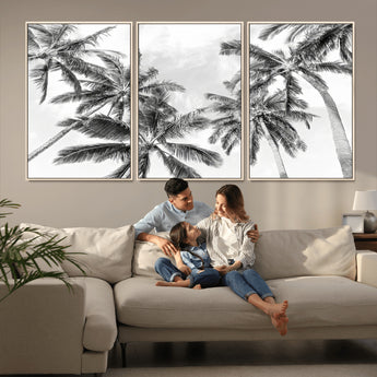 62113786-MGV-FC-60X30-3P_Natural-Black White Palm Wall Art Canvas Print, Framed Monochrome Tropics Art Picture Print, Minimalist Beach Perfect Coastal Minimalist