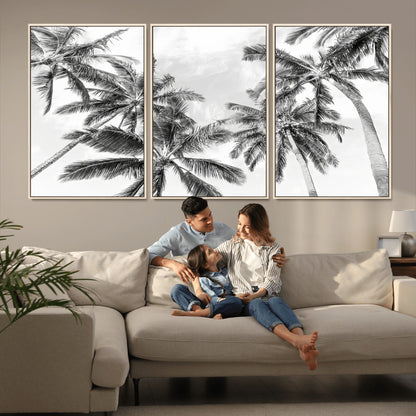 62113786-MGV-FC-60X30-3P_Natural-Black White Palm Wall Art Canvas Print, Framed Monochrome Tropics Art Picture Print, Minimalist Beach Perfect Coastal Minimalist
