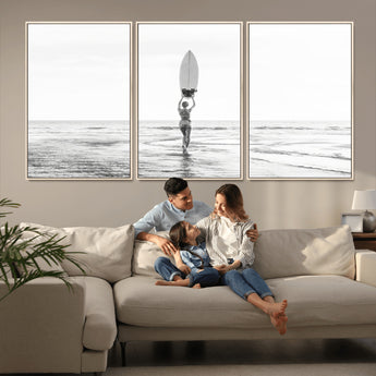 98446901-MGV-FC-60X30-3P_Natural-Monochrome Surf Wall Art Canvas Print, Framed Minimalist Surfer Art Picture Print, Surfboard Silhouette Perfect Coastal Minimalist