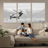 62278753-MGV-FC-60X30-3P_Natural-Monochrome Elk Wall Art Canvas Print, Framed Mountain Wildlife Art Picture Print, Rustic Nature Perfect Rustic Minimalist Decor