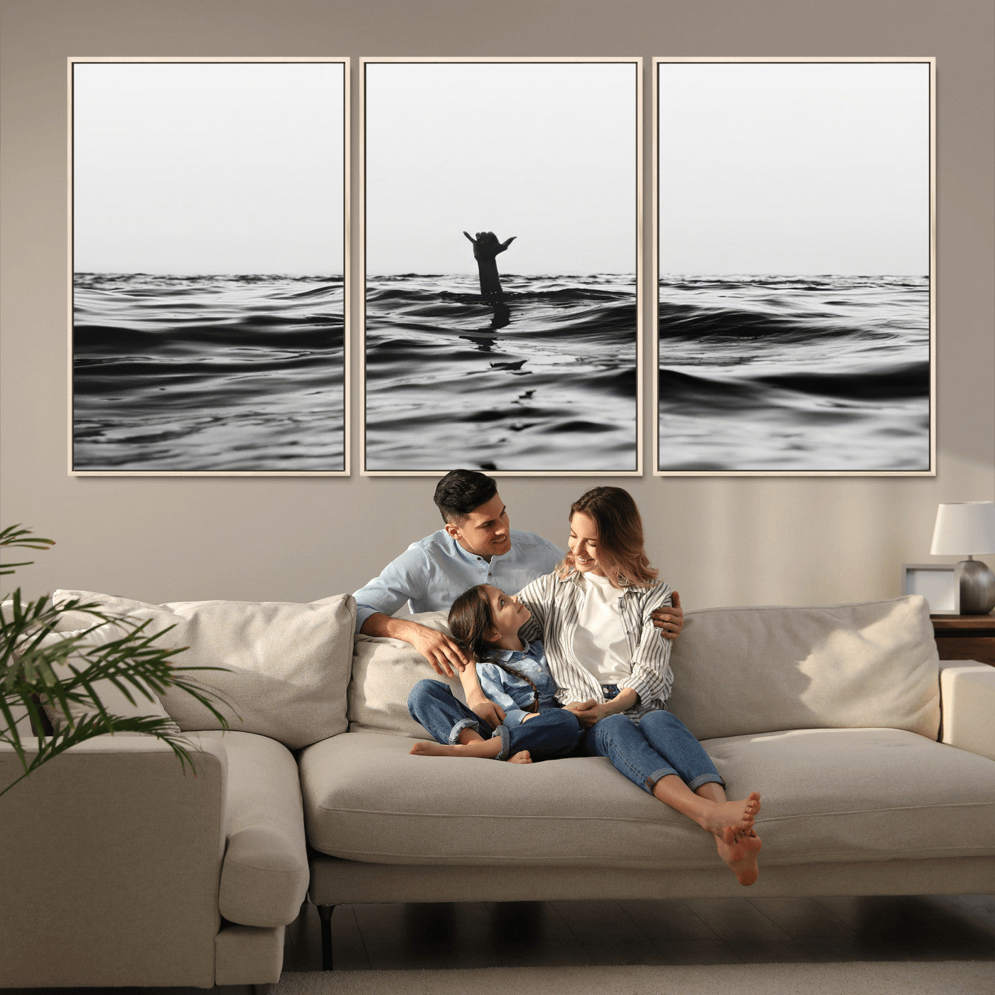 69541918-MGV-FC-60X30-3P_Natural-Black White Ocean Wall Art Canvas Print, Framed Moody Seascape Art Picture Print, Surfer Sign Perfect Moody Minimalist Decor