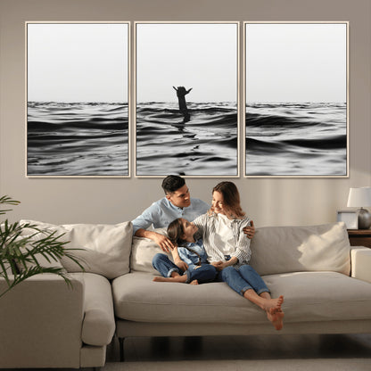 69541918-MGV-FC-60X30-3P_Natural-Black White Ocean Wall Art Canvas Print, Framed Moody Seascape Art Picture Print, Surfer Sign Perfect Moody Minimalist Decor