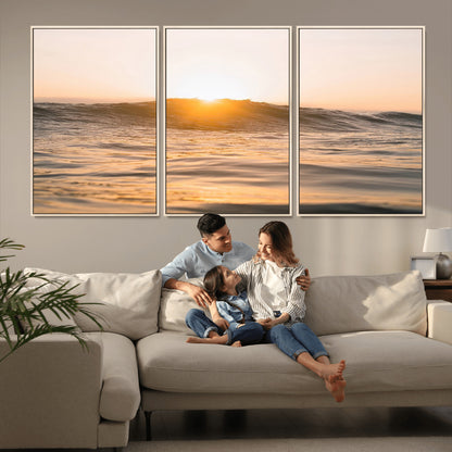 16973771-MGV-FC-60X30-3P_Natural-Calm Water Wall Art Canvas Print, Framed Sunset Waves Art Picture Print, Coastal Warmth Perfect Warm Minimalist Decor Artwork