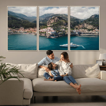 20321590-MGV-FC-60X30-3P_Natural-Amalfi Coast Wall Art Canvas Print, Framed Italy Travel Art Picture Print, Mediterranean Landscape Perfect Mediterranean Coastal