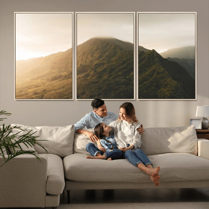 42338636-MGV-FC-60X30-3P_Natural-Golden Mountain Wall Art Canvas Print, Framed Misty Summit Art Picture Print, Rugged Landscape Perfect Moody Wilderness Decor