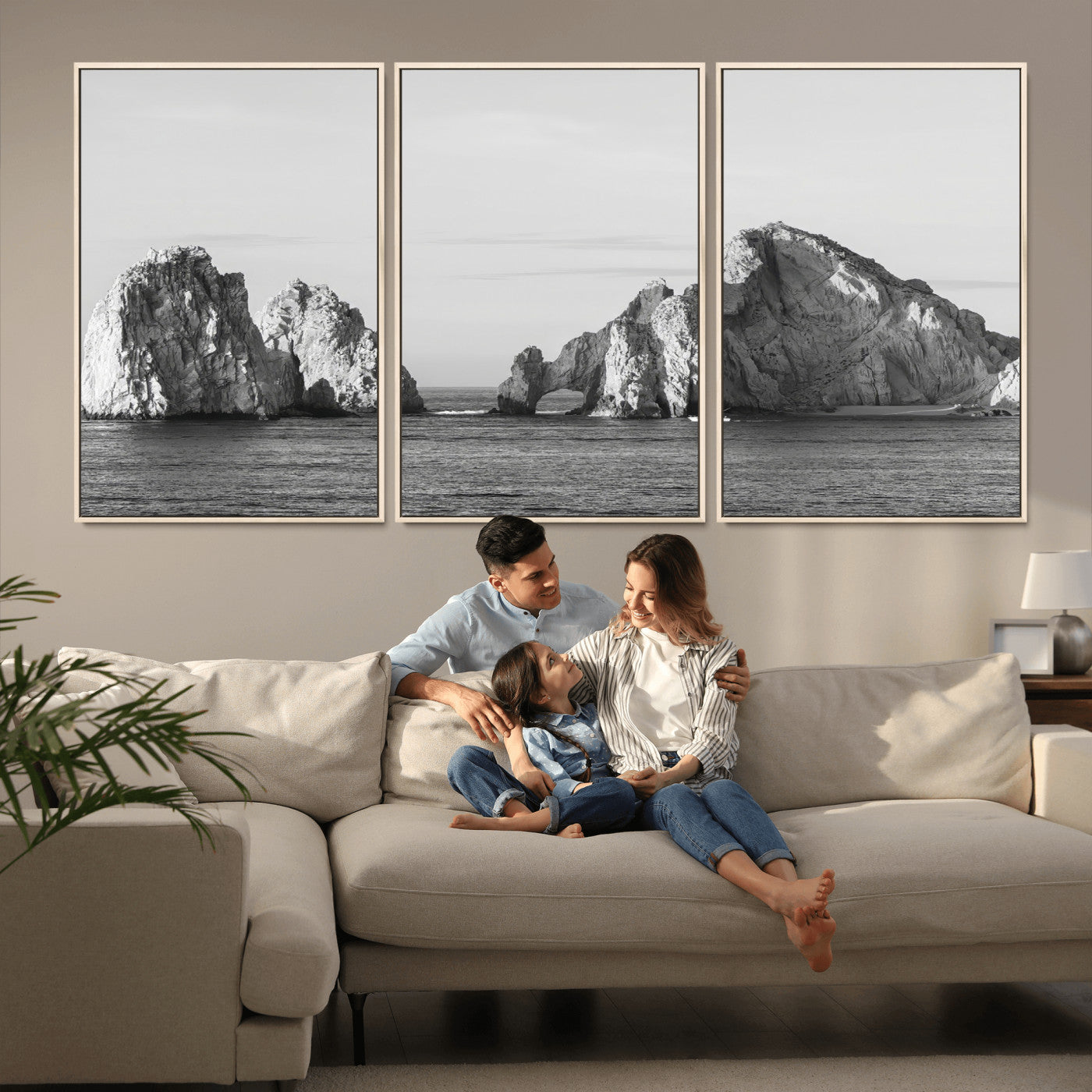 18810731-MGV-CV-36X24-Rugged Coastline Wall Art Canvas Print, Framed Ocean Cliffs Art Picture Print, Monochrome Seascape Perfect Coastal Minimalist