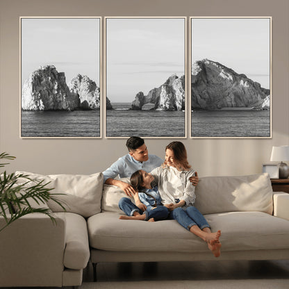 18810731-MGV-CV-36X24-Rugged Coastline Wall Art Canvas Print, Framed Ocean Cliffs Art Picture Print, Monochrome Seascape Perfect Coastal Minimalist