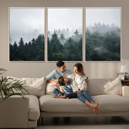 84146572-MGV-FC-60X30-3P_Natural-Foggy Pine Trees Wall Art Canvas Print, Framed Forest Nature Art Picture Print, Evergreen Forest Perfect Scandinavian Minimalist