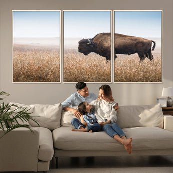 99620201-MGV-FC-60X30-3P_Natural-Wild Bison Wall Art Canvas Print, Framed Bison in Prairie Art Picture Print, Rustic Western Perfect Rustic Western Decor Artwork