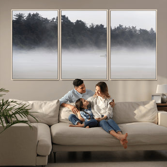 59703275-MGV-FC-60X30-3P_Natural-Surfer in Fog Wall Art Canvas Print, Framed Foggy Beach Art Picture Print, Coastal Surf Perfect Moody Coastal Decor Artwork