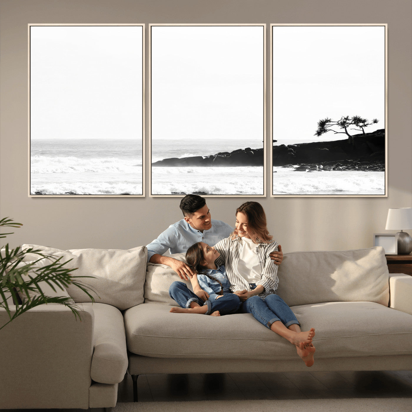 40875891-MGV-FC-60X30-3P_Natural-SurferCliffs Wall Art Canvas Print, Framed Black White Beach Art Picture Print, Ocean Waves Perfect Minimalist Coastal Decor