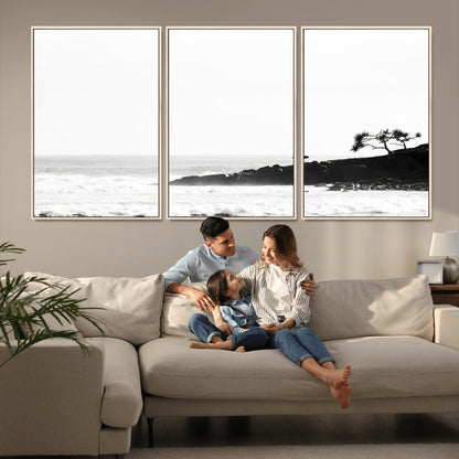 40875891-MGV-CV-36X24-SurferCliffs Wall Art Canvas Print, Framed Black White Beach Art Picture Print, Ocean Waves Perfect Minimalist Coastal Decor