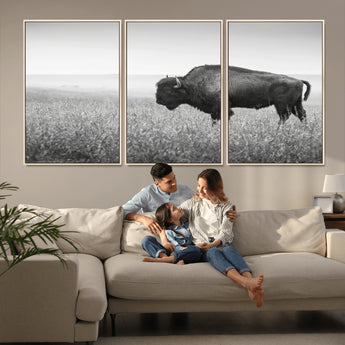 28435251-MGV-FC-60X30-3P_Natural-Bison In Prairie Wall Art Canvas Print, Framed Rustic Wildlife Art Picture Print, Wild Buffalo Perfect Rustic Western Decor