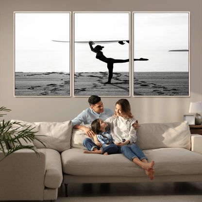 28441356-MGV-FC-60X30-3P_Natural-Yoga Surf Wall Art Canvas Print, Framed Black White Shore Art Picture Print, Peaceful Ocean Perfect Minimalist Coastal Decor