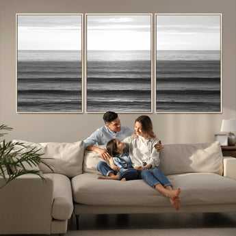 47305203-MGV-FC-60X30-3P_Natural-Monochrome Ocean Wall Art Canvas Print, Framed Moody Ocean Art Picture Print, Calm Ocean Perfect Minimalist Coastal Decor Artwork
