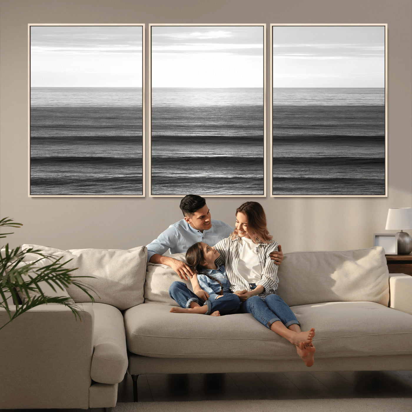 47305203-MGV-CV-36X24-Monochrome Ocean Wall Art Canvas Print, Framed Moody Ocean Art Picture Print, Calm Ocean Perfect Minimalist Coastal Decor Artwork