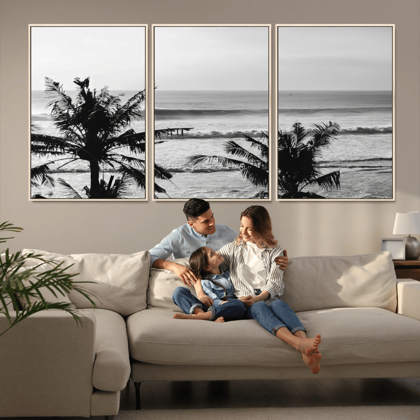 17508038-MGV-FC-60X30-3P_Natural-Tropical Coastline Wall Art Canvas Print, Framed Palm Trees Art Picture Print, Ocean Waves Perfect Minimalist Coastal Decor