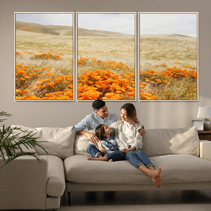 28972262-MGV-CV-36X24-Golden Wildflowers Wall Art Canvas Print, Framed Hills Bloom Art Picture Print, Poppy Meadow Perfect Rustic Nature Decor Artwork