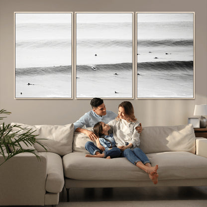 54291445-MGV-FC-60X30-3P_Natural-Black White Ocean Wall Art Canvas Print, Framed Coastal Sport Art Picture Print, Ocean Culture Perfect Minimalist Coastal Decor