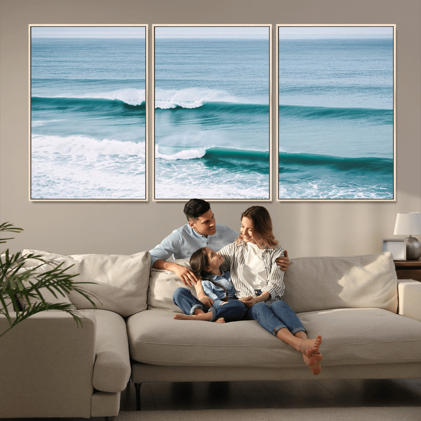 73692470-MGV-FC-60X30-3P_Natural-Ocean Swell Wall Art Canvas Print, Framed Surf Waves Art Picture Print, Blue Water Perfect Coastal Dynamic Decor Artwork