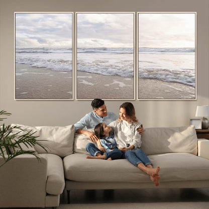 70596264-MGV-FC-60X30-3P_Natural-Ocean Waves Wall Art Canvas Print, Framed Coastal Shoreline Art Picture Print, Sea Foam Perfect Coastal Minimalist Decor Artwork