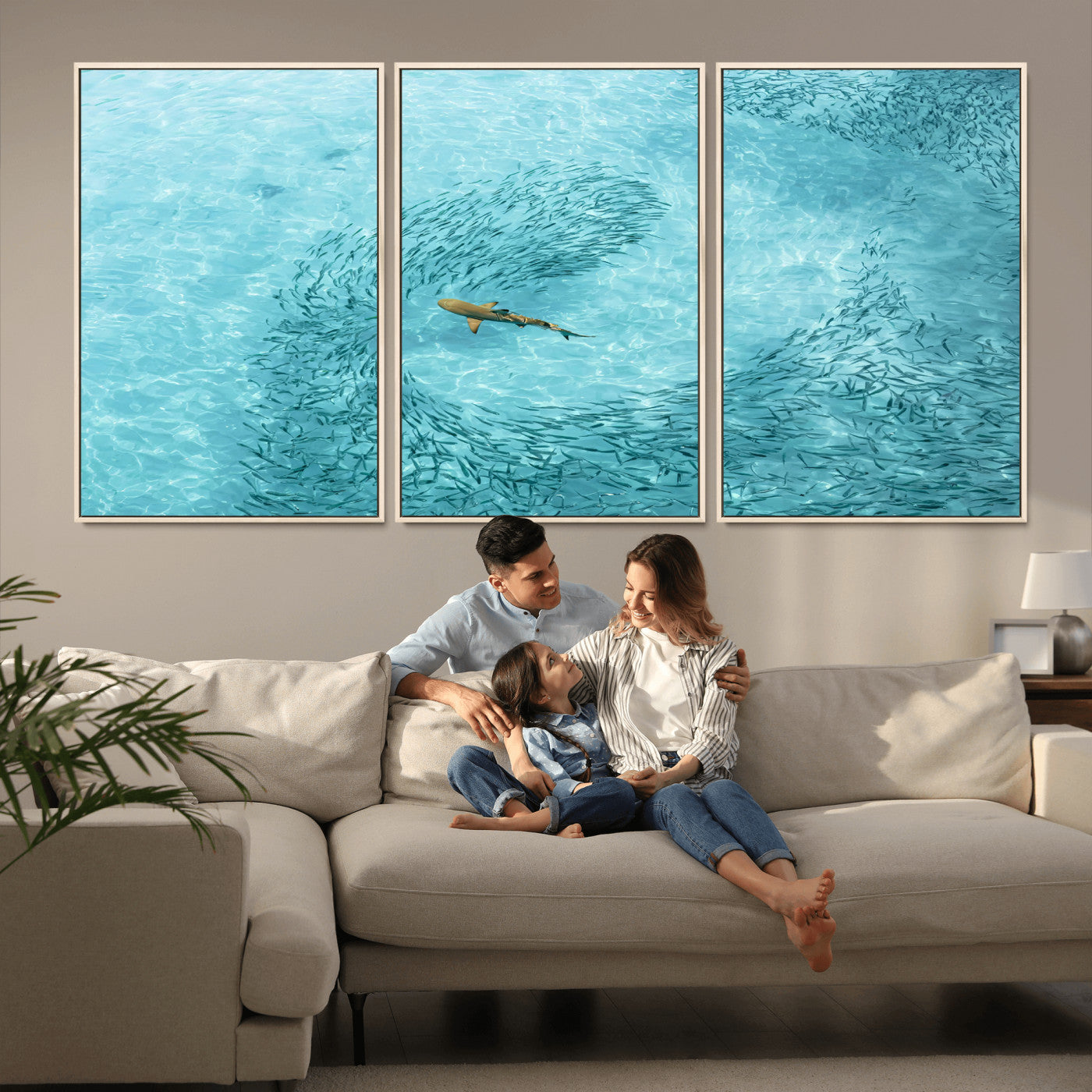 43671474-MGV-FC-60X30-3P_Natural-Fish Swarm Wall Art Canvas Print, Framed Marine Life Art Picture Print, Shark Aerial Perfect Wildlife Coastal Decor Artwork