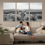 24051061-MGV-FC-60X30-3P_Natural-Monochrome Highland Cow Wall Art Canvas Print, Framed Scottish Bull Art Picture Print, Lone Cattle Perfect Rustic Farmhouse Decor