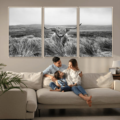 24051061-MGV-FC-60X30-3P_Natural-Monochrome Highland Cow Wall Art Canvas Print, Framed Scottish Bull Art Picture Print, Lone Cattle Perfect Rustic Farmhouse Decor