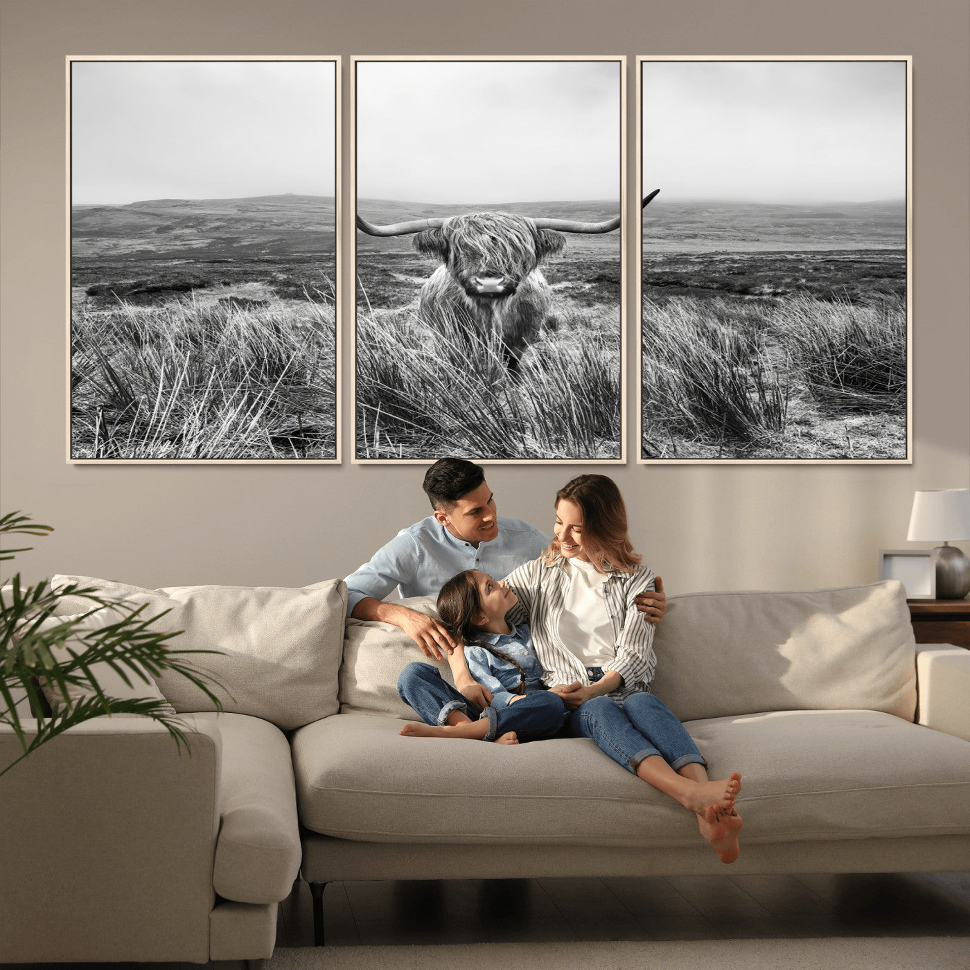 24051061-MGV-CV-36X24-Monochrome Highland Cow Wall Art Canvas Print, Framed Scottish Bull Art Picture Print, Lone Cattle Perfect Rustic Farmhouse Decor