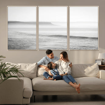 60635783-MGV-CV-36X24-Black White Seascape Wall Art Canvas Print, Framed Ocean Waves Art Picture Print, Misty Coastal Perfect Minimalist Coastal Decor