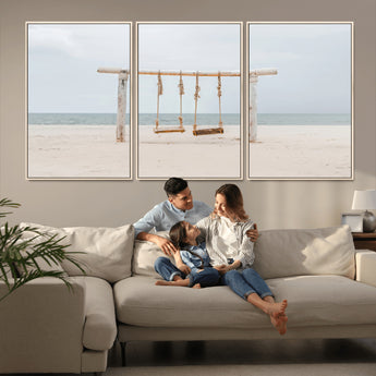 68327283-MGV-FC-60X30-3P_Natural-Beach Swing Wall Art Canvas Print, Framed Quiet Beach Art Picture Print, Calm Shoreline Perfect Bohemian Coastal Decor Artwork
