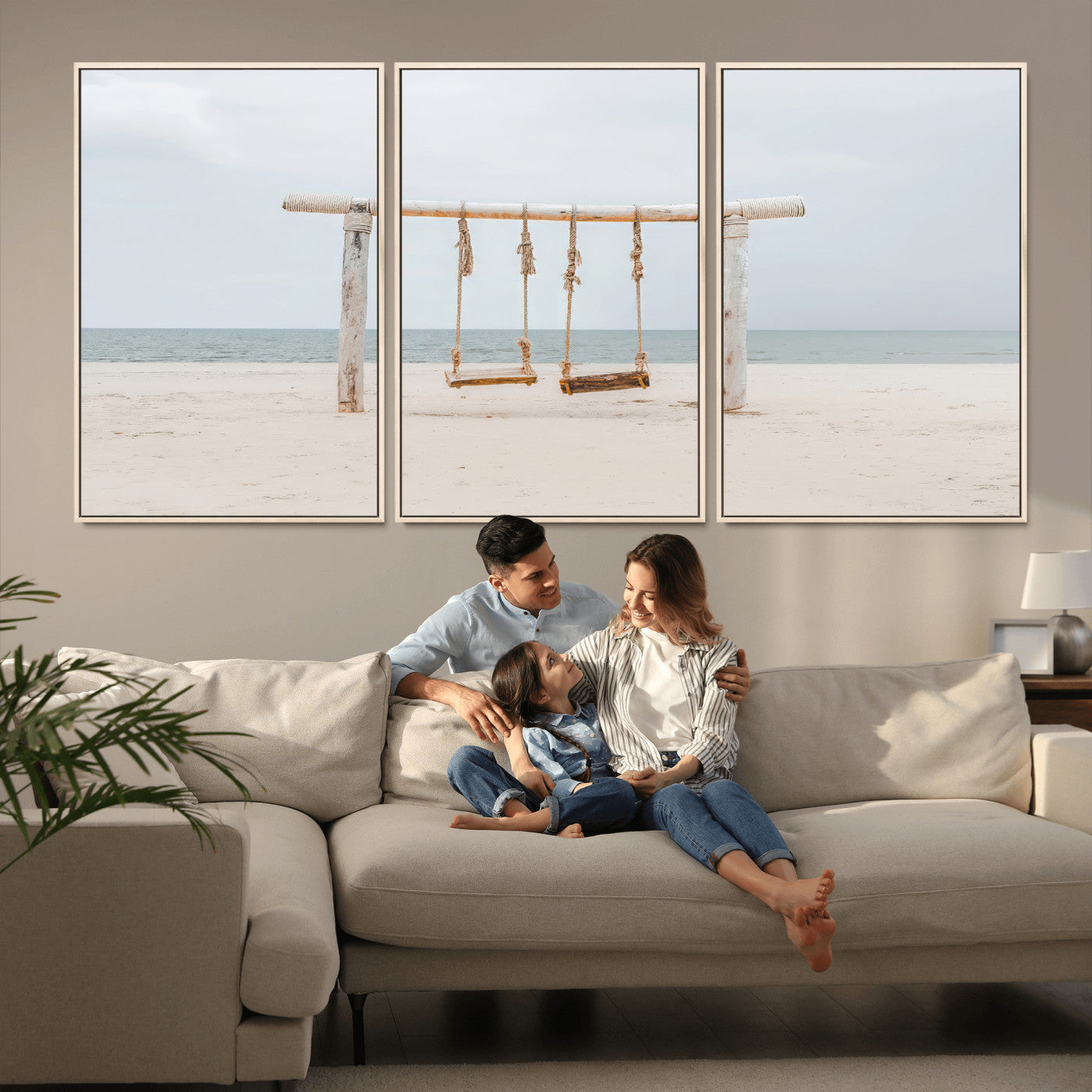 68327283-MGV-CV-36X24-Beach Swing Wall Art Canvas Print, Framed Quiet Beach Art Picture Print, Calm Shoreline Perfect Bohemian Coastal Decor Artwork