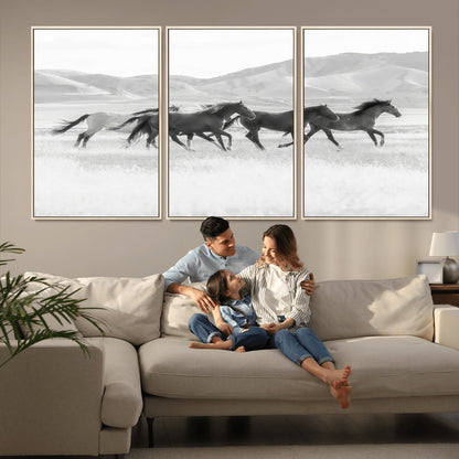 69934913-MGV-FC-60X30-3P_Natural-Wild Horses Running Wall Art Canvas Print, Framed Black White Mustangs Art Picture Print, Rustic Western Perfect Rustic Western