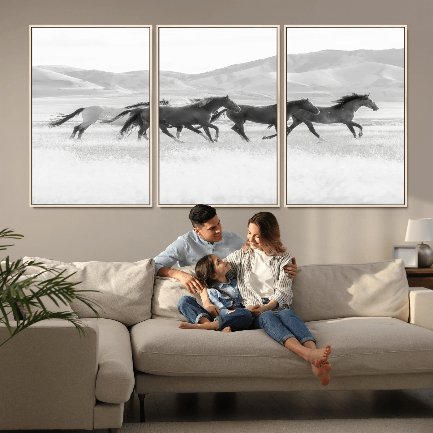 69934913-MGV-CV-36X24-Wild Horses Running Wall Art Canvas Print, Framed Black White Mustangs Art Picture Print, Rustic Western Perfect Rustic Western