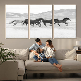 69934913-MGV-CV-36X24-Wild Horses Running Wall Art Canvas Print, Framed Black White Mustangs Art Picture Print, Rustic Western Perfect Rustic Western