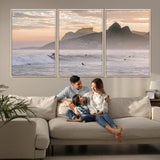 70644906-MGV-FC-60X30-3P_Natural-Sunset Surfing Wall Art Canvas Print, Framed Misty Mountains Art Picture Print, Surfer Riding Wave Perfect Coastal Adventure Decor