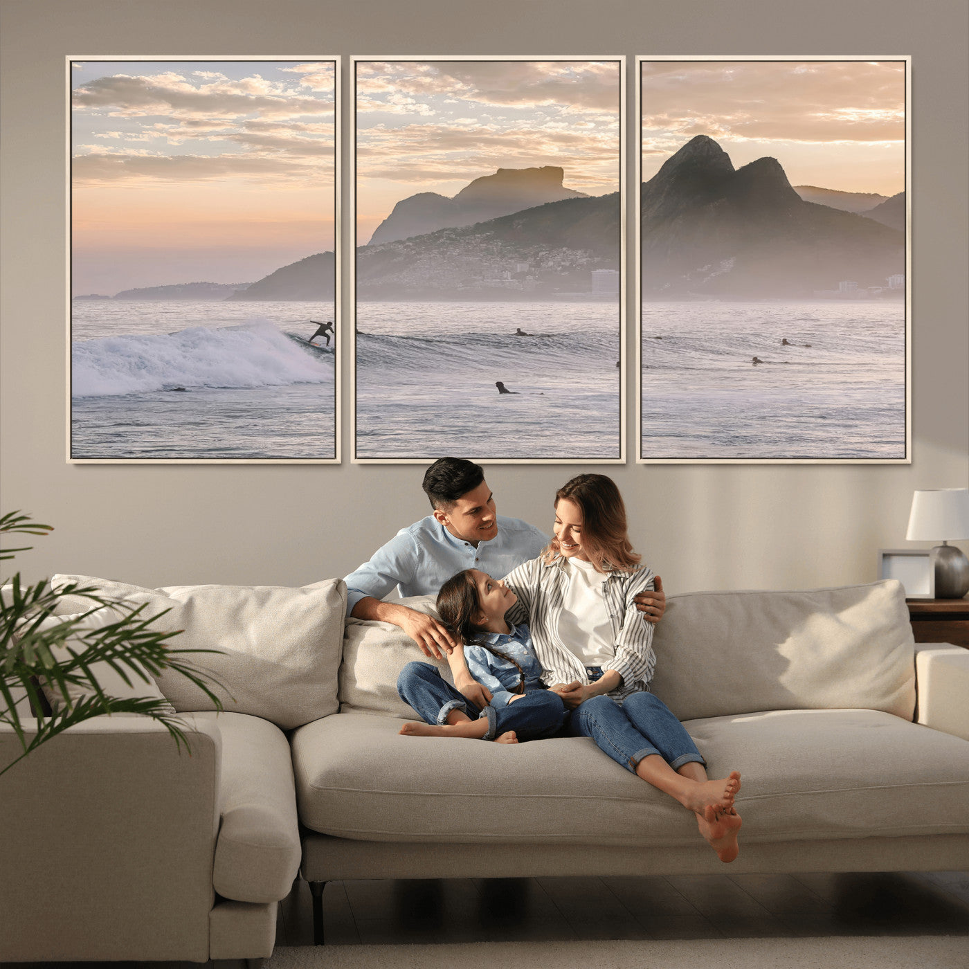 70644906-MGV-CV-36X24-Sunset Surfing Wall Art Canvas Print, Framed Misty Mountains Art Picture Print, Surfer Riding Wave Perfect Coastal Adventure Decor