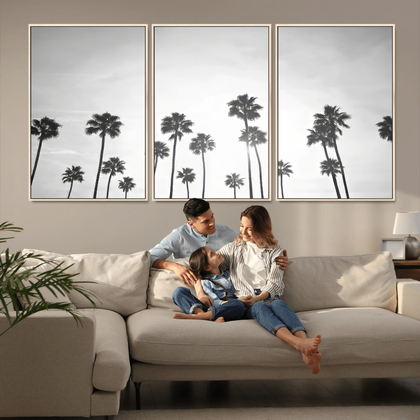 62298277-MGV-FC-60X30-3P_Natural-Monochrome Palms Wall Art Canvas Print, Framed Minimalist Trees Art Picture Print, Silhouetted Palms Perfect Tropical Minimalist