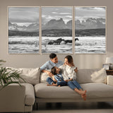 21655040-MGV-FC-60X30-3P_Natural-Wild Horses Wall Art Canvas Print, Framed Black White Mountains Art Picture Print, Rustic Countryside Perfect Rustic Western Decor