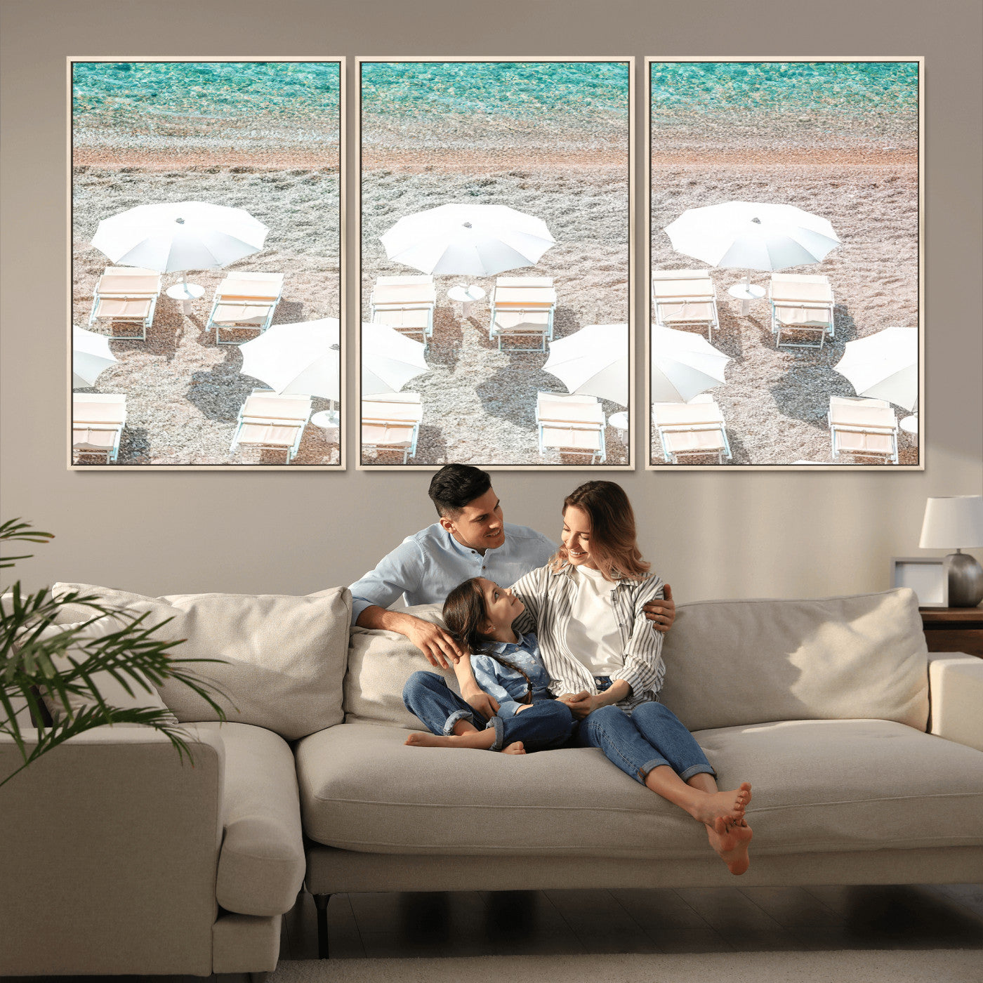 83736167-MGV-FC-60X30-3P_Natural-Calm Beach Wall Art Canvas Print, Framed Turquoise Water Art Picture Print, Umbrella Shoreline Perfect Coastal Minimalist Decor